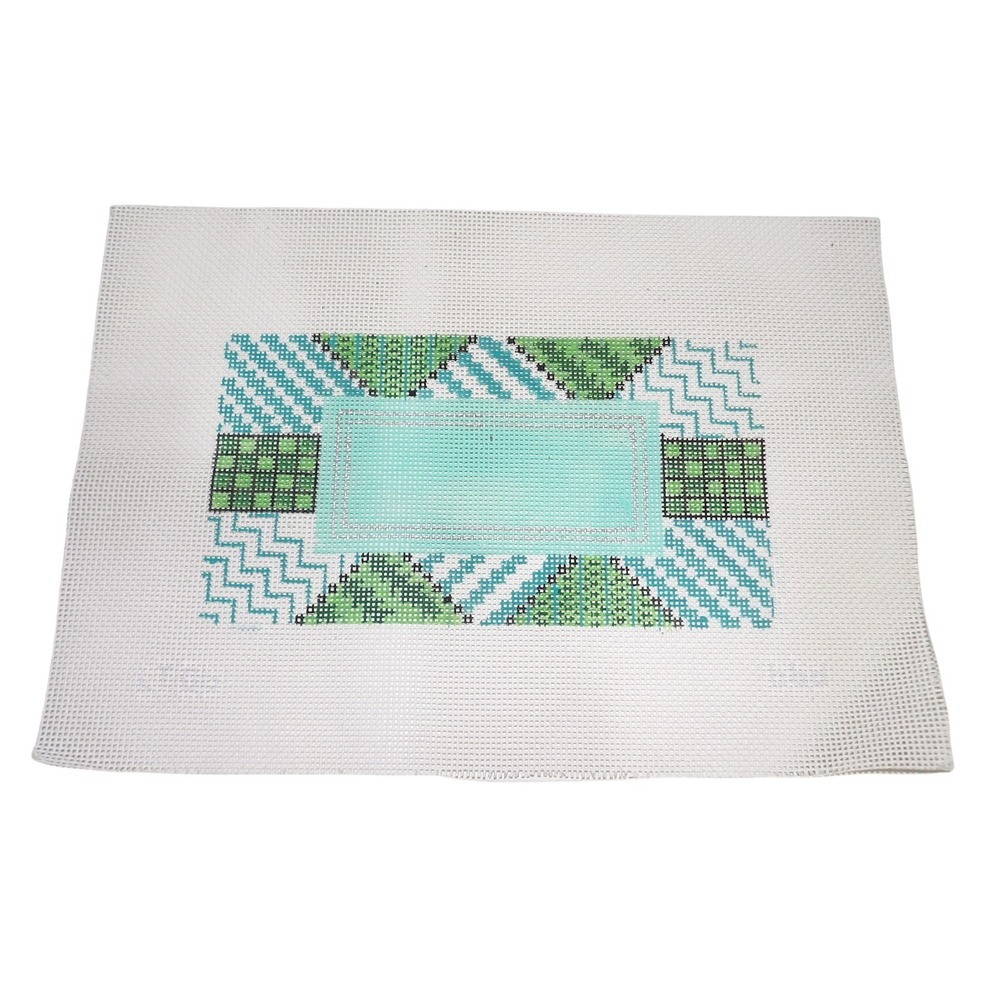 Geometric Patchwork Hand Painted Needlepoint Canvas 13 Mesh Green Aqua Abstract